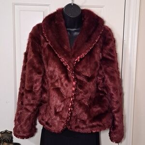 Terry Lewis Classic Luxuries Faux Fur ruffle detail Burgundy Jacket Size XS
